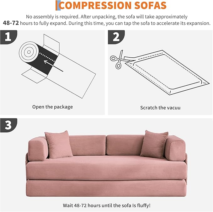 Convertible Sleeper Sofa Bed 78.8 Floor Sofa Bed 5-in-1 Folding Mattress Couch Loveseat with Fixed-Shape Frame Pillow Corduroy Fabric for Living Room Bedroom Lounge (Pink)