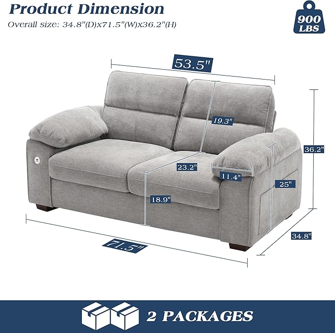 WorthFurni Sofas for Living Room Chenille Pillow-Armrest Loveseat Couch Set Small Sofa 3 Seater Sofa USB Charging Removable Sofa Cover Solid Wood Frame Easy to Install (71.5 inch Grey)