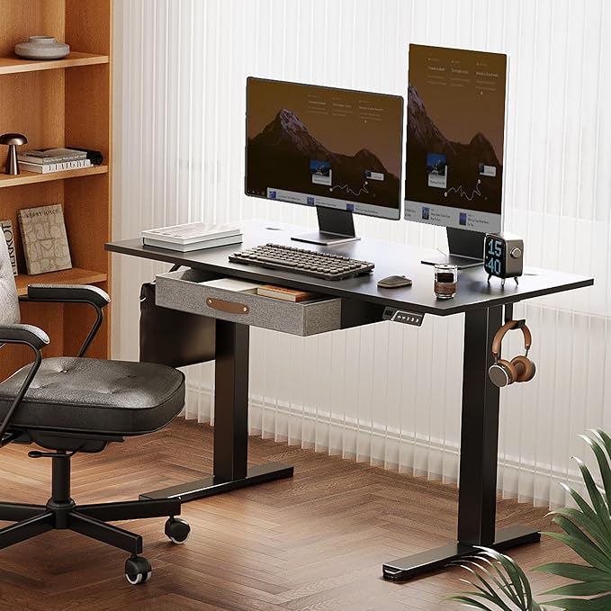 Seang Standing Desk with Drawer 48 x 24 Height Adjustable Stand Up Desk 3 Memory Height Settings with Cable Grommets &amp Storage Hooks Ideal for Home &amp Office Black