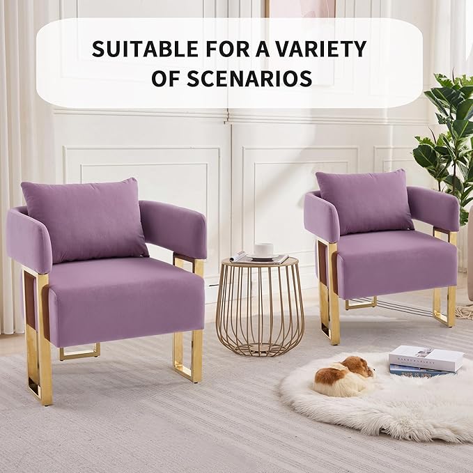 YITAI Modern Accent Chairs no Wheels Living Room Side Chairs with Golden Metal Legs Barrel Soft Velvet Upholstered Reading Armchairs for OfficeStudyReception RoomBedroomLoungePurple Set of 2