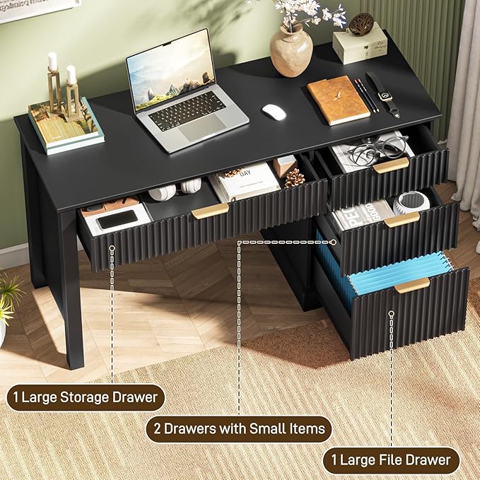 Vabches Fluted Executive Desk with Drawers Wood Computer Desk with Ample File Drawer Home Office Desk with Storage for Study Bedroom Living Room Black