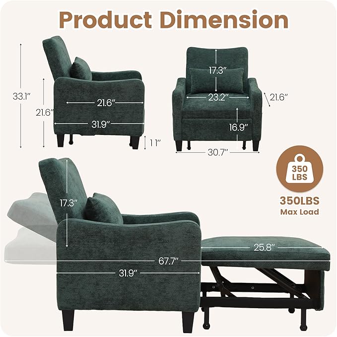 3 in 1 Convertible Sofa Bed Chair Pull Out Single Sleeper Chair Bed with Adjustable Backrest Modern Lounge Sofa for Small SpaceDark Green