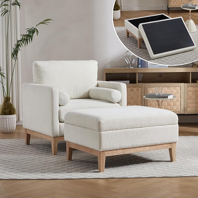 Mlmh &amp Kngwa 35.43 W Accent Chairs with Ottoman Upholstered Accent Chairs Ottoman Set with Natural Wood Legs Single Sofa Wingback Armchair for Living Room Bedroom Ivory