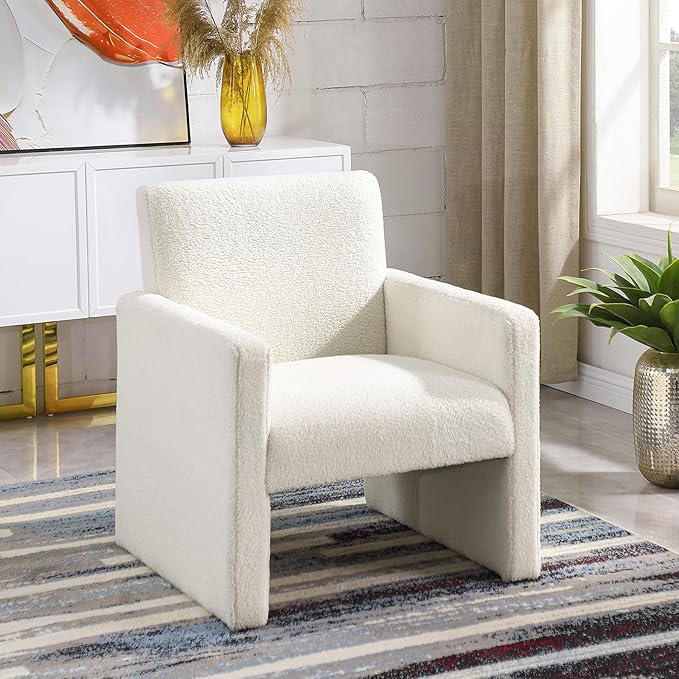FUNKEEN Boucle Accent Chair Set of 2 – White Sherpa Armchairs with Plush Cushioned Seat Cozy Chairs for Living Room Bedroom Reading Nook