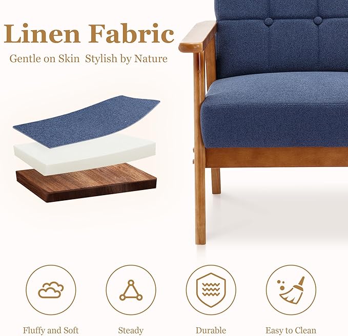 Linen Accent Chair Set of 2 Mid-Century Modern Armchair with Solid Wood Armrests Button-Tufted Comfortable Cushioned Reading Chairs for Living Room Bedroom (Navy
