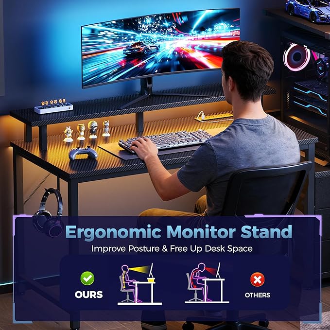 DUMOS L Shaped Gaming Desk with Shelves Storage Drawers 52'' Black Computer Desks with LED Lights Power Outlets Office Wood Table with PC Stand Cable Management for Bedroom Dual Monitor Streaming