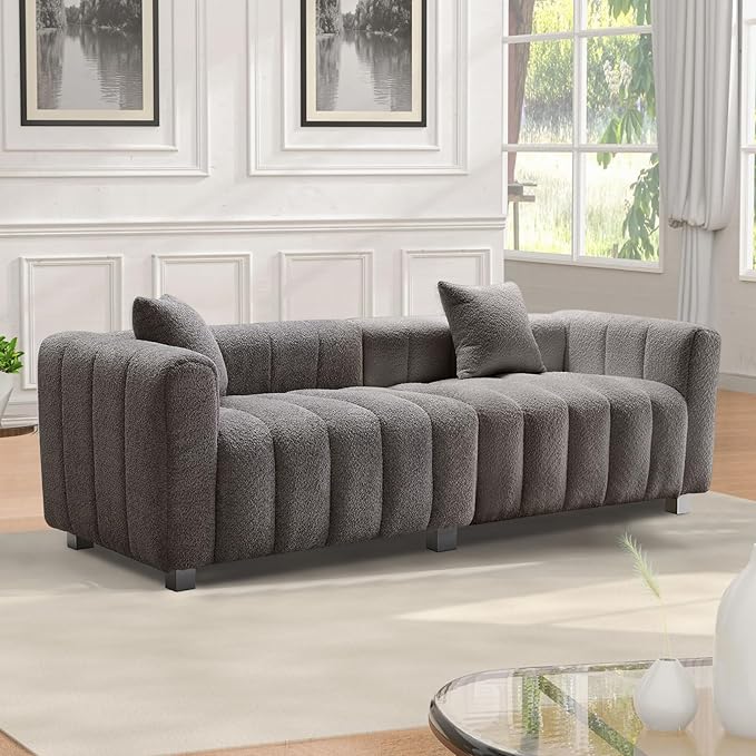 83.46 Oversized Boucle Sofa CouchModern Teddy Deep Seat SofaUpholstered Tufted Couchwith 2 Accent Pillow3 Seater Coucher for Living Room ApartmentOffices. (Grey)