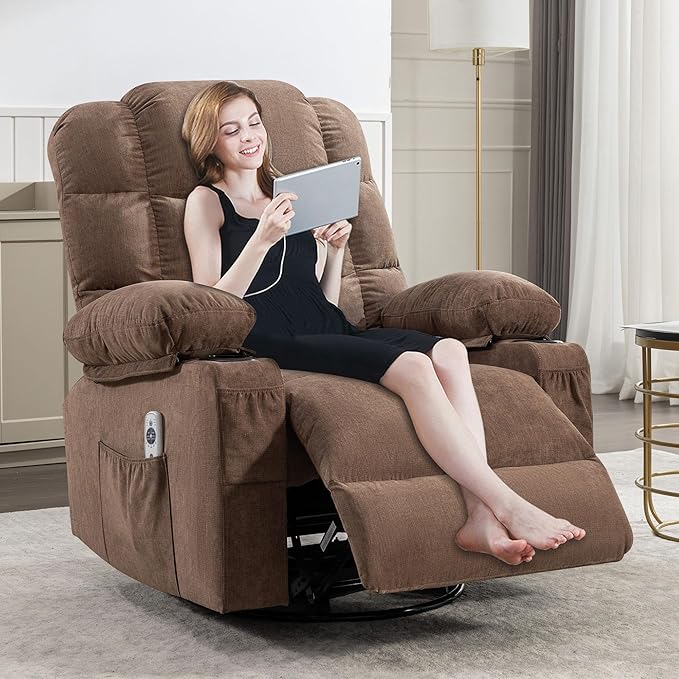 360 Degree Rotating Boy Lounger with 2 Cup Holders Heat and Massage Function Adjustable Backrest USB Port and 2 Side Pockets for Adults (Brown)
