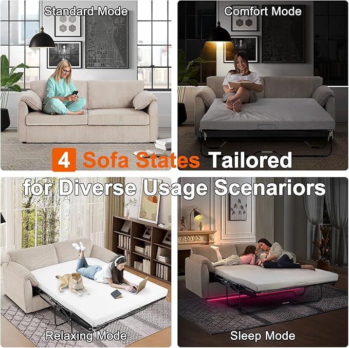 Pull Out Sofa Bed Corduroy Queen Sleeper Couch with Foam Mattress Large Sofa Sleeper Pullout Couch Bed for Living Room Office Queen Size (Beige Brown)