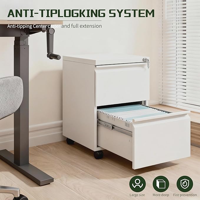 2 Drawer File Cabinet with LockRolling Filing Cabinet with Wheels for Home OfficeUnder Desk Metal File CabinetOffice Storage OrganizerWhite