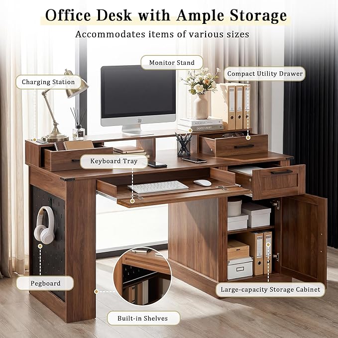 RiteSune 55 Farmhouse Computer Desk with Power Outlets Removable Monitor Stand with Drawers Keyboard Tray &amp Storage Cabinet Home Office Writing Desk with Pegboard Organizer
