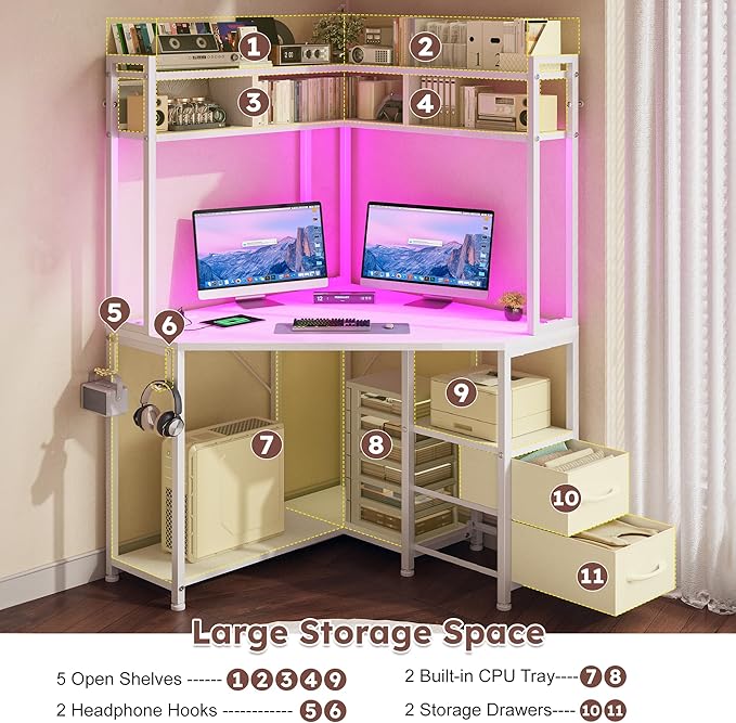 Corner Desk 35.4 W x 63 H White Office Desk and Small Gaming Desk with Hutch &amp LED Lights Computer Desk with Drawers for Storage &amp Shelves and Hook for Small Space White