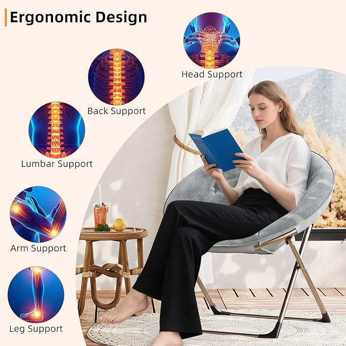 Saucer ChairFaux Fur Comfy Folding Chair with Folding Metal Frame Oversized Plush Flower Accent SeatLounge Moon Chair for Bedroom Dorm or Living RoomGrey
