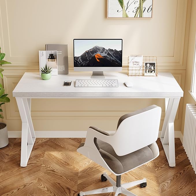 LITTLE TREE 55 Inch Large Simple Industrial Computer Desk Study Writing Table Home Office WorkstationWhite
