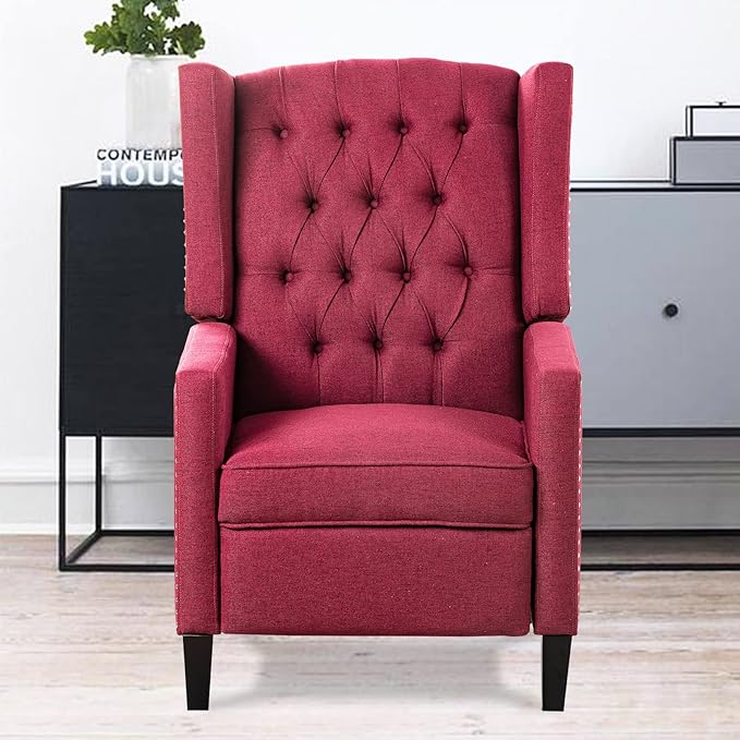 Recliner Chair for Adults Red Fabric Accent Chairs Living Room Mid-Century Modern Recliner Button Tufted Club Chair Upholstered Vintage Reclining Reading Arm Chair 27 Wide