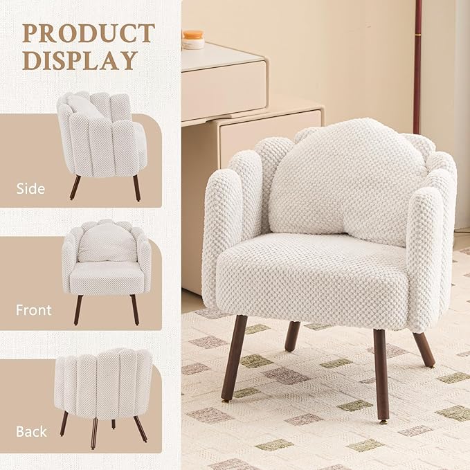 Furniliving Beige Vanity Chair Velvet Accent Chair for Living Room Shell Chairs with Wooden Legs Makeup Chair for Bedroom Armchair Cute Petal Reading Chair with Pillow