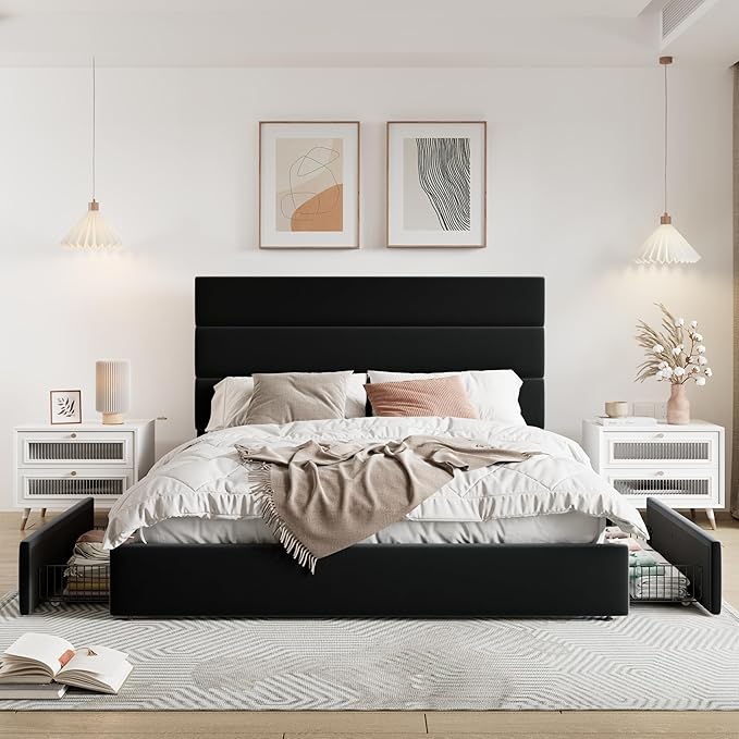 Allewie Modern Full Size Platform Bed Frame with 4 Storage Drawers and Velvet Upholstered Headboard Wooden Slats Support Upholstered Mattress Foundation/No Box Spring Needed/Easy Assembly Black