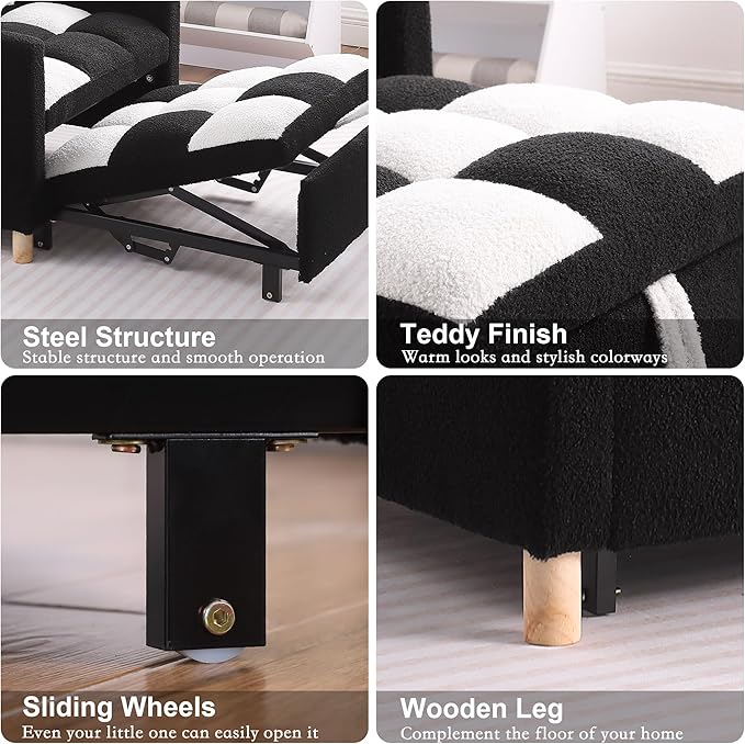 Sleeper Chair Bed Multi-Functional Convertible Chair Sleeper Teddy Fabric Adjustable Pull Out Sofa Bed with Lumbar for StudioDorm Apartment BedroomOfficeLiving Room (Black-White)