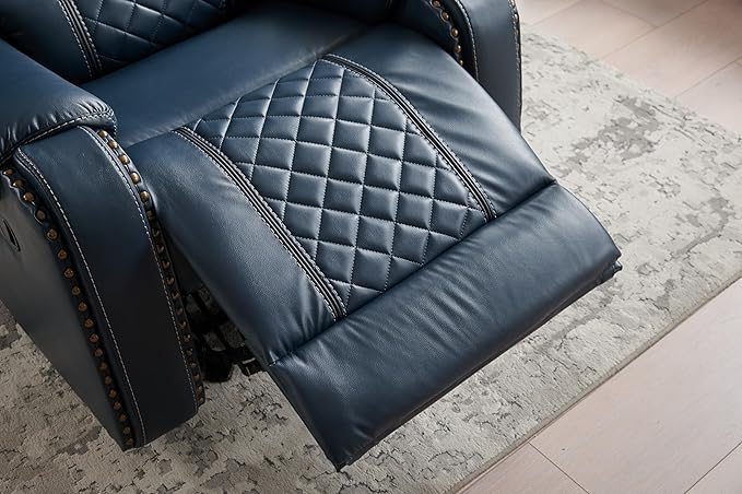 Manual Rocking Recliner Chair 36 Wide Black PU Leather with Diamond Stitching 350 lbs Capacity 90-165° Recline (Blue)