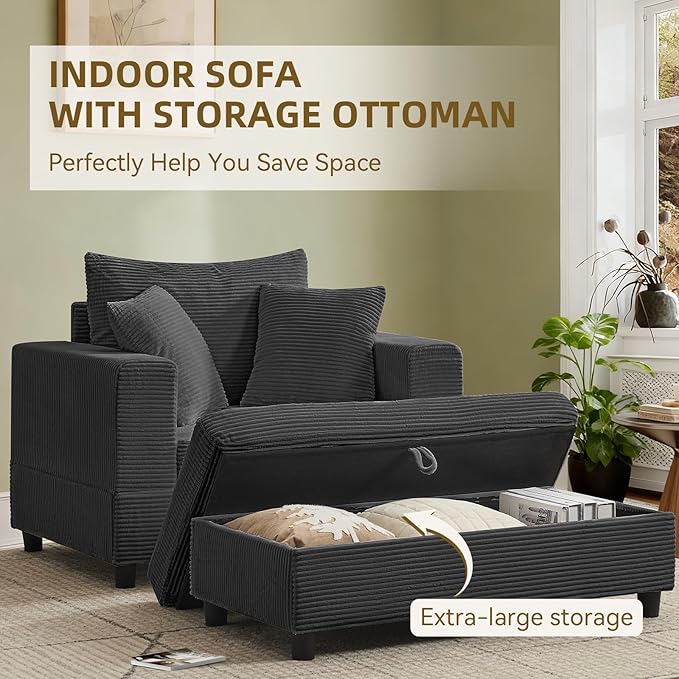 Chaise Lounge Chair IndoorOversized Corduroy Upholstered Sofa Bed with Removable Storage Ottoman Small Cloud Sofas for Living Room Comfy Deep Seat Sleeper Couch Reading Chairs (Gray)