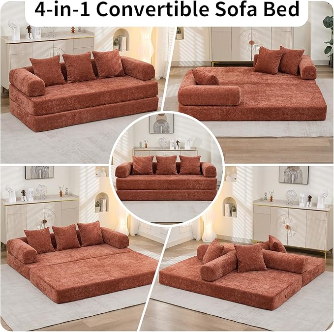4 in-1 Folding Convertible Sofa Bed78.8 Folding Floor Mattress Couch Comfy Chenille Boneless Couch Lounge Loveseat with Pull Out Bed No Assembly (Orange)