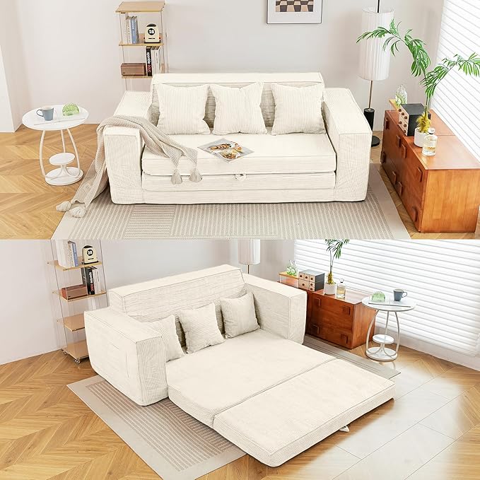 HOMREST 76 Convertible 3-Seat Sleeper Sofa Pull Out Sofa Bed 2 in 1 Folding Floor Sofa Oversized Corduroy Upholstered Boneless Couch with 3 Pillows for Living Room Bedroom (Beige)