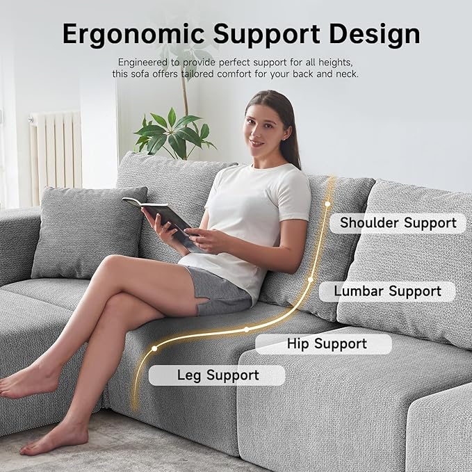 CUGOAO 152'' Modern Boneless Couch Oversized 2-in-1 Modular Sectional Sofa Bed Extra Deep Seat Upholstery Cloud Couch Boneless Couches for Living Room No Assembly Required Grey Chenille