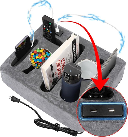 Couch Cup Holder &amp Organizer with USB Charging Ports – Sofa Caddy for Drinks Remotes Snacks &amp More – Perfect Couch Accessory with Anti-Slip Design