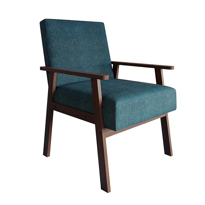 Mid-Century Modern Accent Chair Linen Upholstery Wooden Armrests Cushioned Seat Easy Assembly Blue