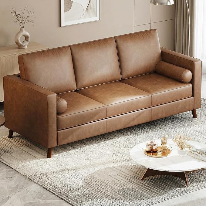 GAOMON 81 Leather Couch for Living Room Mid Century Modern 3-Seater Sofa with Deep Seat Faux Leather Sofa for Apartment Home Office Brown