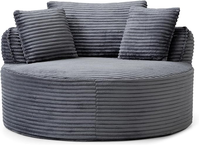 54-inch Oversized Round Chaise Longue Chair Indoor Modern Upholstered Corduroy Deep Seat Circle Cloud Chair Single Boneless Reading Chair for Living Room Bedroom Apartment Gray