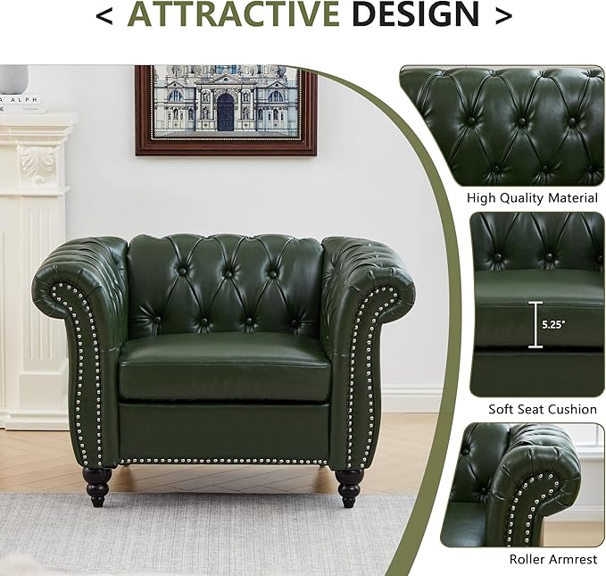 QHITTY Accent Chair Chesterfield Chair Modern Leather Upholstered Chair with Tufted Back for Living Room Furniture (Green)