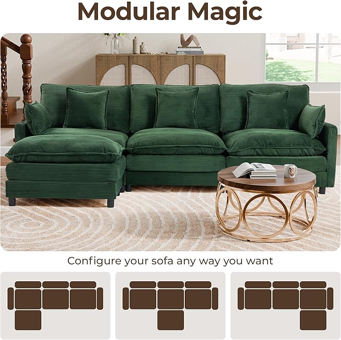 113'' L Shaped Cloud Couch 4-Seater Modular Sectional Sofa with Double Layer Upholstered Seat Cushion Corduroy Deep Seat Couches with Ottoman &amp Pillows for Living Room &amp Apartment Green