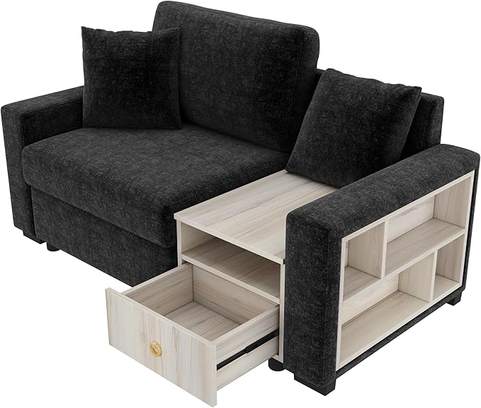Christopher Knight Home Onvi 63.2'' Lounge Sofa Couch with Storage Armrest and Center Console Chenille Upholstered Home Sofa Living Room 1 Seater Sofa with Removable Plush Pillows Black