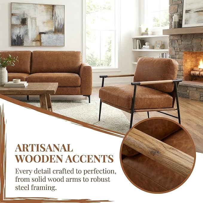DUOMAY Mid Century Modern Accent Chair with Ottoman Set Brown PU Leather Upholstered Living Room Chair with Metal Legs Lazy Lounge Chair Set with Footrest for Bedroom Living Room