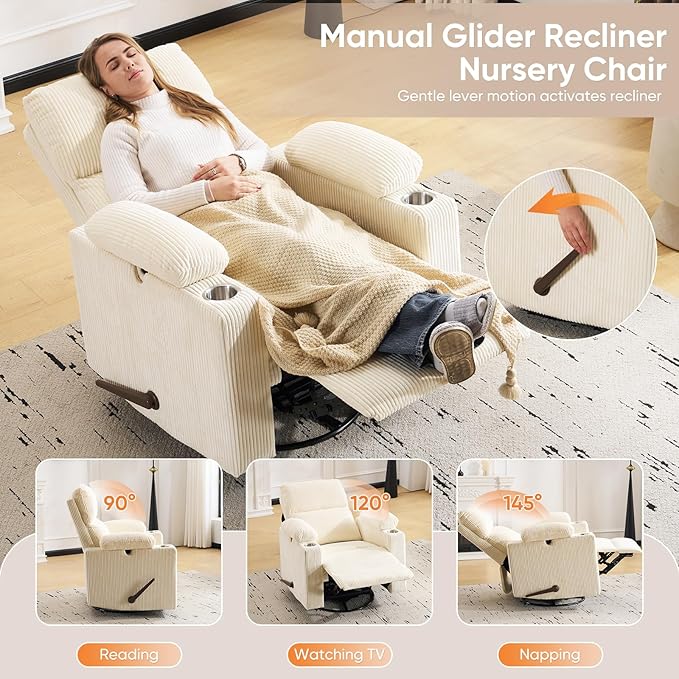 Swivel Rocker Recliner with Adjustable Armrests Rocking Nursery Chair with Adjustable Headrest Cup Holder Manual Recliner Nursing Chair for Breastfeeding Corduroy Beige