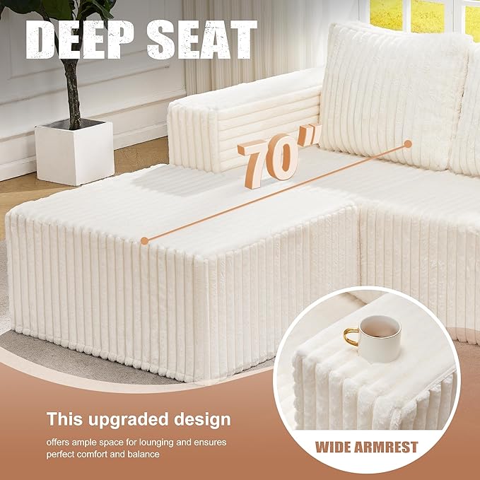 Hobestluk Modular Sectional Sofa Memory Foam Couch L Shape Sofa for Living Room Loveseat with Chaise Lounge Cloud Couch with Removable Cover (Stripe White Loveseat with Chaise)