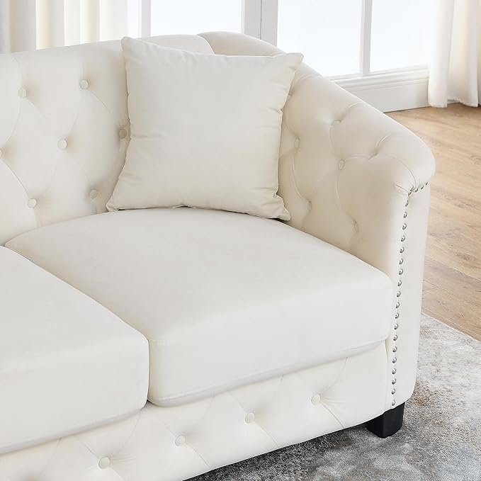 2 Piece Modern Chesterfield Velvet 77 3-Seater Sofa SetUpholstered Tufted Backrests with Nailhead Arms and 4 Cushions for Living Room Bedroom ApartmentBeige