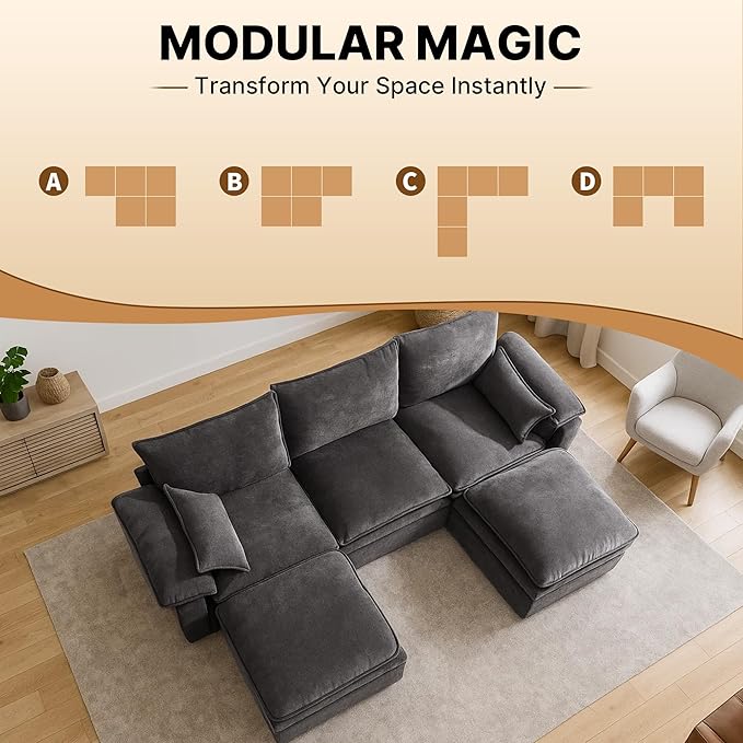 100 Modular Sectional Sofa U Shaped with Storage Chenille Cloud Couch for Small Spaces Living Room Apartment Comfy Deep Seat with Reversible Ottoman (5 Seats Grey)