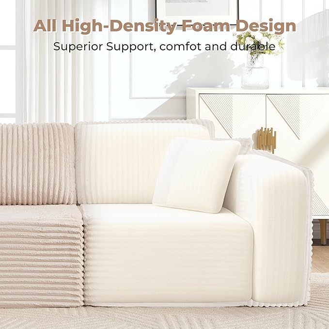 Boneless L-Shaped Modular Sectional Sofa 107 Modern Corduroy Upholstery Couch with Chaise for Living Room 3-Seater L Cloud Couches with Deep Seat No Assembly Left Facing Chaise Beige