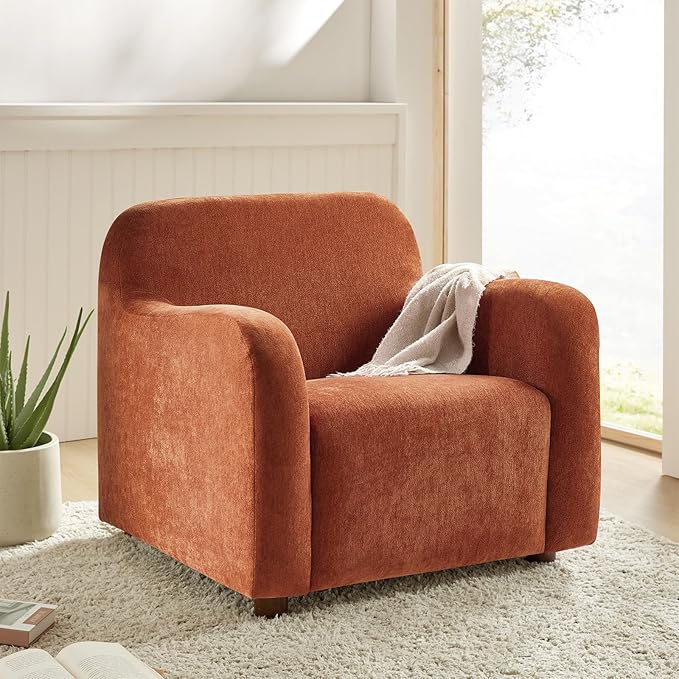 HULALA HOME Modern Accent Chair with Solid Wood Legs Creamy Style Lamb Wool Single Sofa Chair Comfy Upholstered Lazy Arm Chair for Living Room/Bedroom/Lounge Rooibos