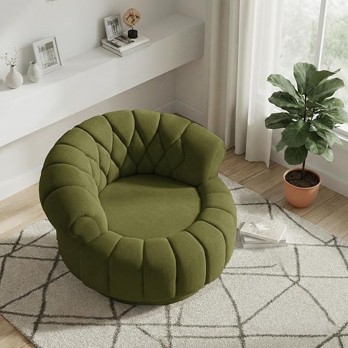 Luxury Swivel Accent Chair Oversized 31 Round Cuddle Chair with 360° Smooth Rotation Modern Channel Tufted Back Thick Padding for Living Room Bedroom Easy Assembly - Sage Green