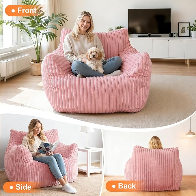 Giant Bean Bag Chair for Adults Oversized Memory Foam Bean Bag Sofa with Armrests Large Comfy Fluffy Single Lounges Mini Couch for Living Room Bedroom &amp Dorm(Pink)
