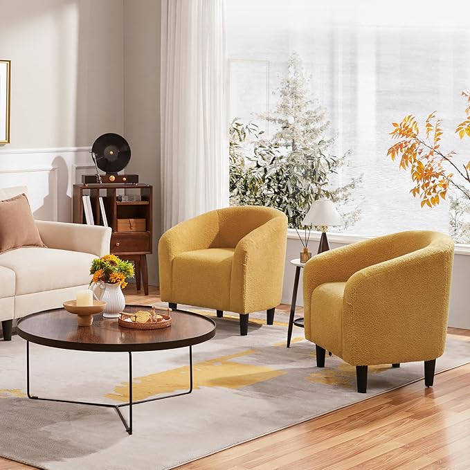 Yaheetech Accent Barrel Chair Boucle Fabric Club Chair Furry Sherpa Elegant and Cozy Soft Padded Armchair for Living Room Bedroom Reception Room Office Mustard Yellow