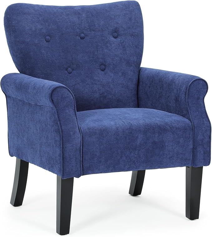 Athena Collection Mid Century Accent Chair with Rubberwood Legs Upholstered Modern Armchair with High Back Tufted Backrest and Angled Back Legs for Living Room Bedroom Vanity Navy Blue