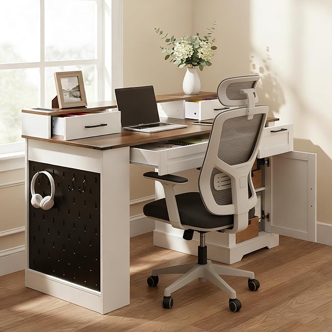 55 Farmhouse Home Office Executive Computer Desk with USB Drawer and Monitor Stand Large Ergonomic Writing Gaming Desk Table with Kyboard Peg Board Storgae Cabinet(White)