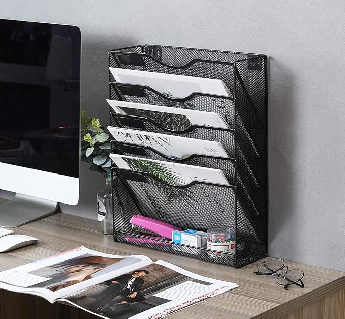 EasyPAG 5 Tier Wall File Holder Mesh Hanging Folder Organizer with Classify Label Versatile Desk File Holder Vertical Wall Mounted Mail Organizer for Office Home Cubicle Black Closed Sides