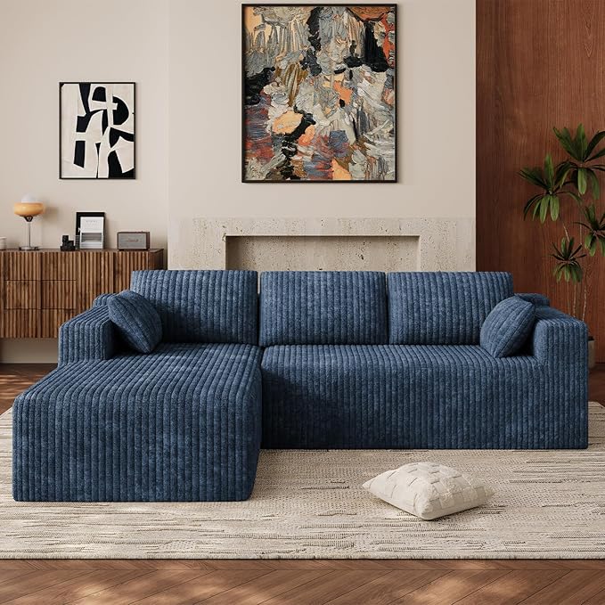103 Boneless Couches for Living Room Comfy L Shaped Sectional Couches Modern Modular Sofa Cloud Fluffy Corduroy Couch with Deep Seat Left Facing Chaise No Assembly Needed Blue