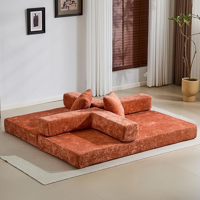 Convertible Couch Sofa Bed Foldable Floor Sleeper | Modern Fold Out Couch | Removable Backrest &amp Armrests | No Assembly Compression Sofa Sleeper for Living Room Bedroom | Orange Chenille