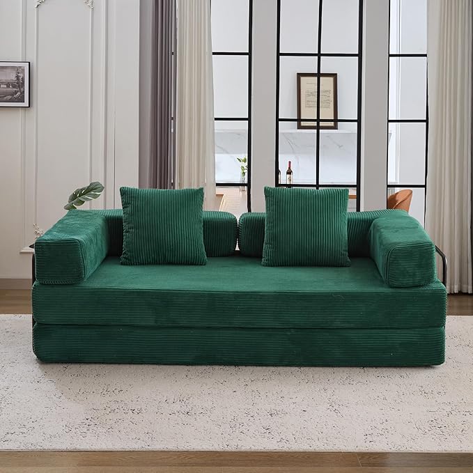 Convertible Couch Sofa Bed Foldable Floor Sleeper | Modern Fold Out Couch | Removable Backrest &amp Armrests | No Assembly Compression Sofa Sleeper for Living Room Bedroom | Corduroy Fabric Green